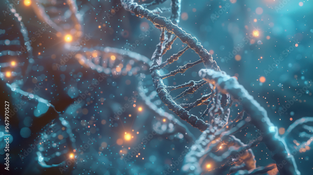 DNA helix. Hi Tech technology in the field of genetic engineering. Scientific breakthrough in human genetics 3D illustration․ DNA helix. Hi Tech technology in the field of genetic engineering. Scientific breakthrough in human genetics 3D illustration․
