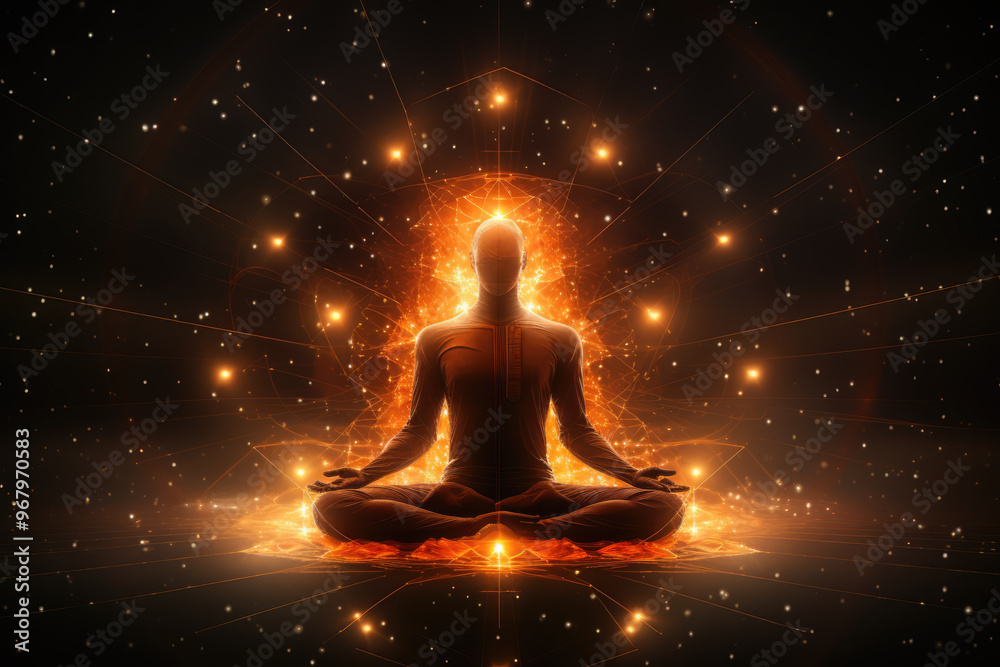 generated illustration of male sitting in yoga lotus pose and her connection to meditative space generated illustration of male sitting in yoga lotus pose and her connection to meditative space
