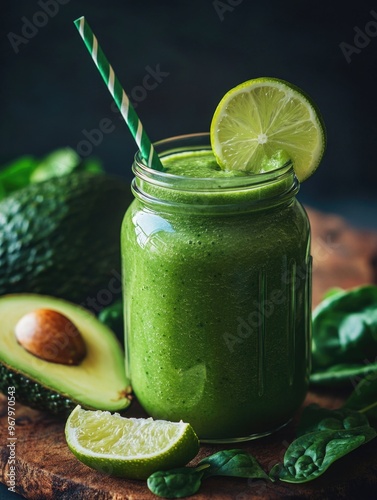 Green Smoothie in Mason Jar with Straw