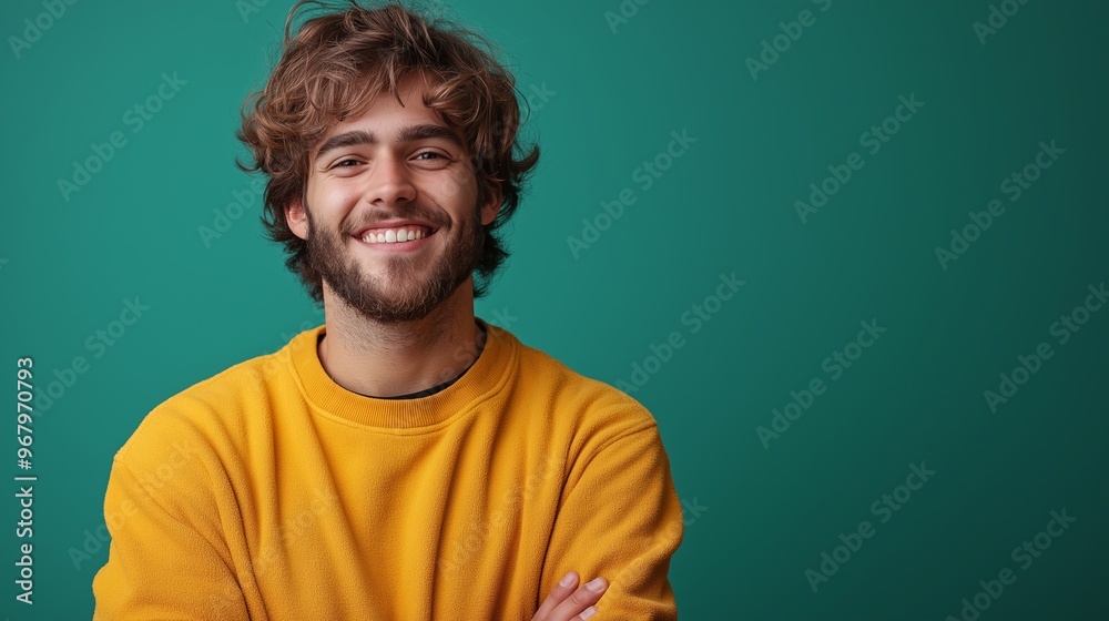 A man with a beard and a yellow sweater is smiling. He is posing for a picture. Scene is happy and friendly A man with a beard and a yellow sweater is smiling. He is posing for a picture. Scene is happy and friendly