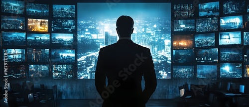 Silhouetted figure standing before a vast array of screens and displays overlooking a complex surveillance network in a dramatic high tech cityscape photo