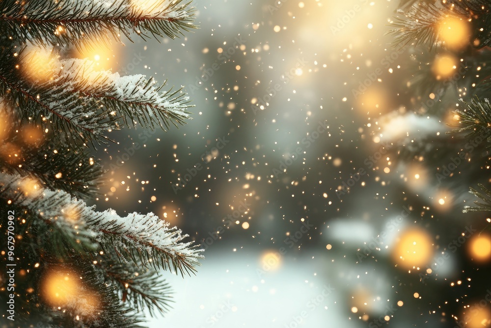 Blurred Green Pine Tree Branches with Golden Lights and Snow Falling, Christmas Background Blurred Green Pine Tree Branches with Golden Lights and Snow Falling, Christmas Background