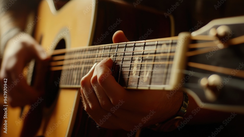 Fototapeta premium Fingers expertly navigating the fretboard of an acoustic guitar, with a focus on the intricate movements and musical talent