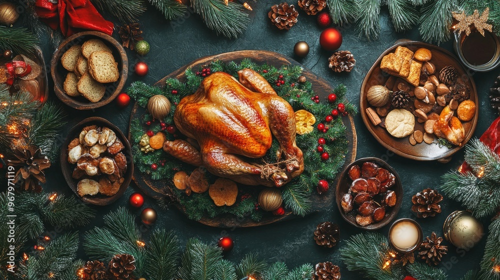Flat lay of a beautifully arranged Christmas dinner table with roasted turkey, festive decorations, and holiday treats, perfect for a seasonal celebration. Flat lay of a beautifully arranged Christmas dinner table with roasted turkey, festive decorations, and holiday treats, perfect for a seasonal celebration.