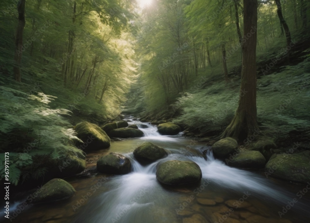 A tranquil stream gently flowing through a lush green forest, creating a peaceful atmosphere A tranquil stream gently flowing through a lush green forest, creating a peaceful atmosphere