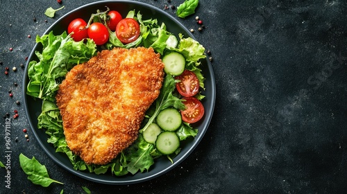 Flat lay of a breaded chicken schnitzel and a fresh vegetable salad with greens and cherry tomatoes, on a plate over a dark background. Perfect for casual dining themes