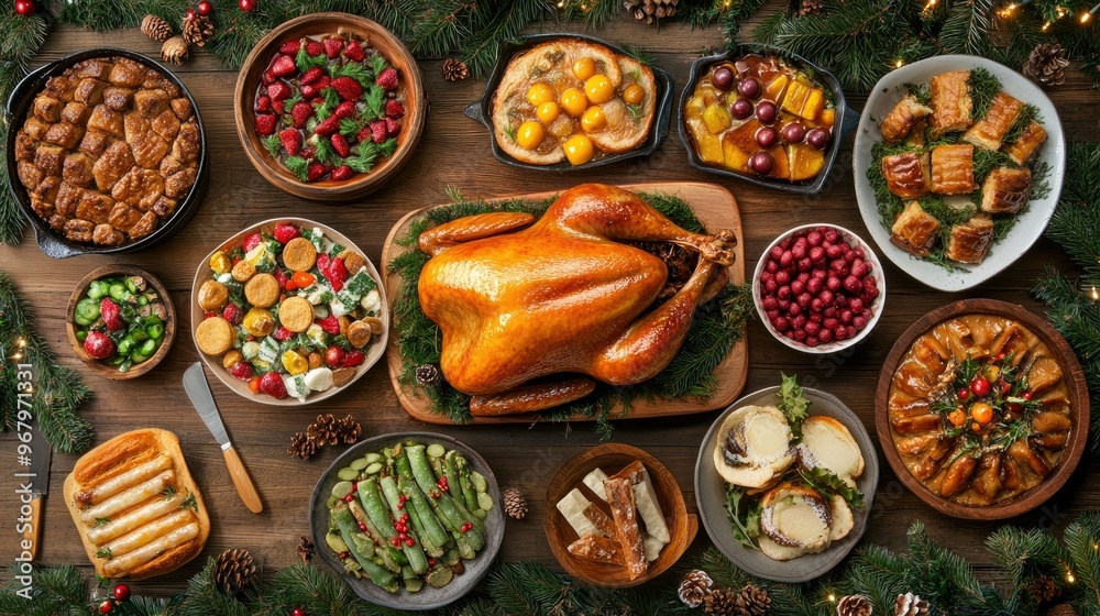 Flat lay of a Christmas dinner setup with holiday foods like roasted turkey, vegetables, and desserts, set on a decorated table. Top view for festive inspiration.