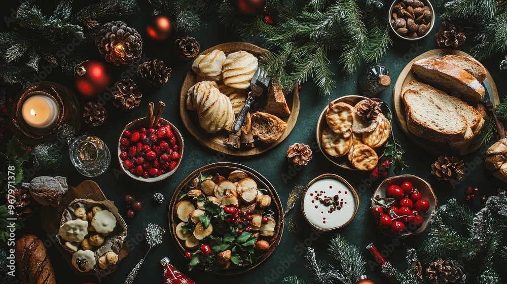Flat lay of a festive holiday table setting with various Christmas foods, decorations, and seasonal tableware, creating a cheerful atmosphere. Flat lay of a festive holiday table setting with various Christmas foods, decorations, and seasonal tableware, creating a cheerful atmosphere.