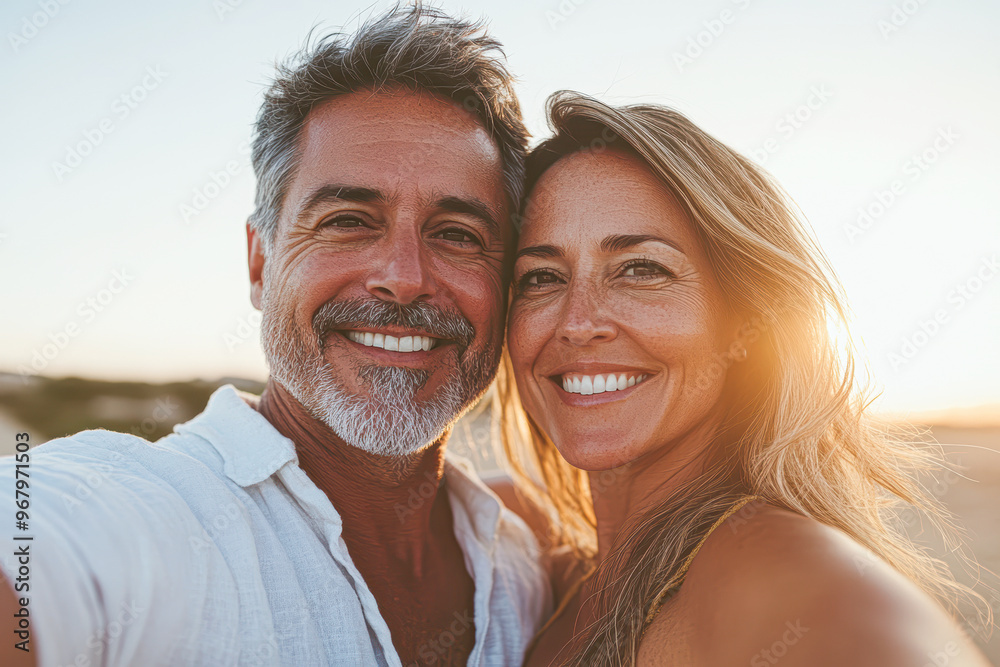 Mature Couple Embracing and Taking a Selfie in Sunny Warm Tones Mature Couple Embracing and Taking a Selfie in Sunny Warm Tones