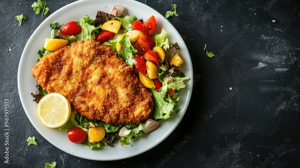 Flat lay of a golden-brown chicken schnitzel with a healthy vegetable salad, served on a white plate over a dark backdrop. Perfect for wholesome meal ideas Flat lay of a golden-brown chicken schnitzel with a healthy vegetable salad, served on a white plate over a dark backdrop. Perfect for wholesome meal ideas