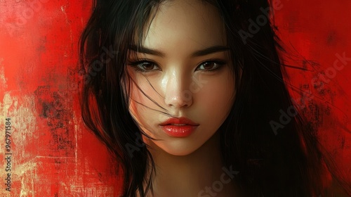 Close-up Portrait of a Woman with Long Black Hair and Red Lipstick photo