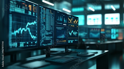 Wallpaper Mural A modern trading room with multiple screens displaying financial data and charts. Torontodigital.ca