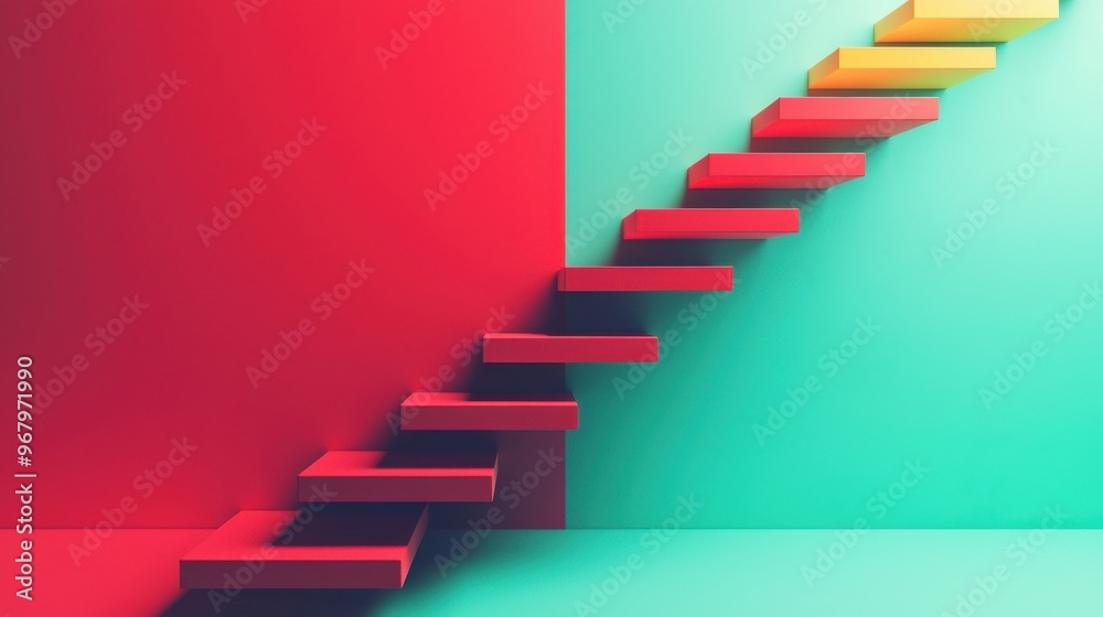 A staircase of floating blocks, where each step changes color and texture as it is climbed, representing the step-by-step process of managing change and overcoming resistance A staircase of floating blocks, where each step changes color and texture as it is climbed, representing the step-by-step process of managing change and overcoming resistance