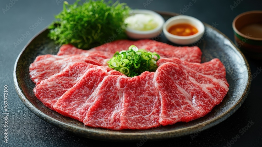 Fresh beef slices with a marbled texture, arranged on a plate for Sukiyaki or Shabu. Accompanied by traditional side dishes and condiments. Fresh beef slices with a marbled texture, arranged on a plate for Sukiyaki or Shabu. Accompanied by traditional side dishes and condiments.