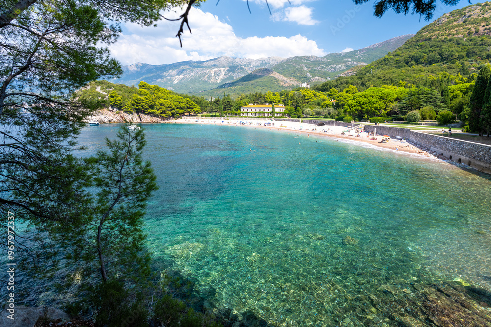 view of Milocer beach near Sveti Stefan on Budva Riviera coast in Montenegro