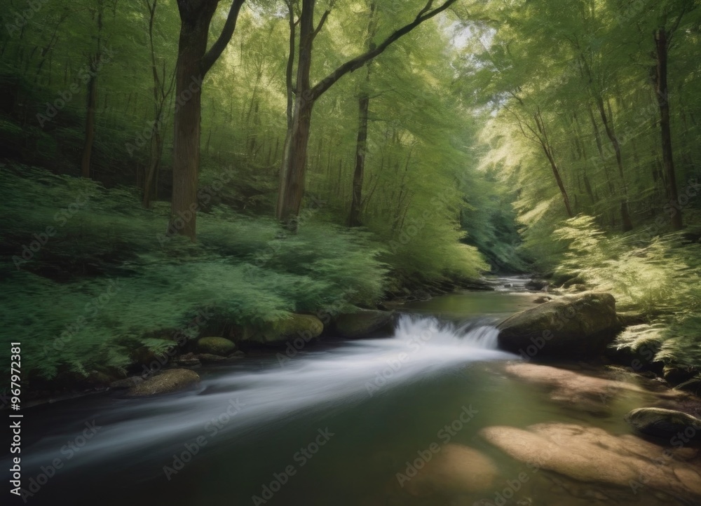 Obraz premium A tranquil stream gently flowing through a lush green forest, creating a peaceful atmosphere