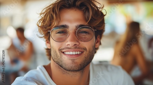 A man with glasses is smiling and looking at the camera. He is wearing a white shirt and he is happy