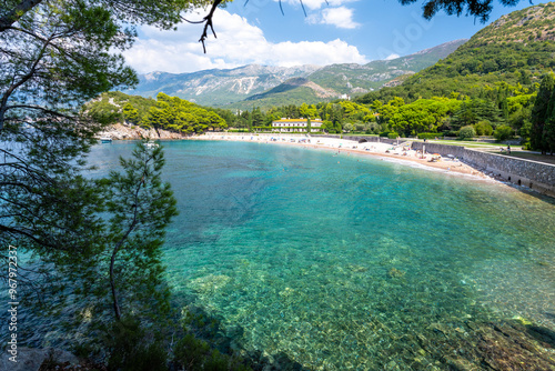 Obraz na płótnie view of Milocer beach near Sveti Stefan on Budva Riviera coast in Montenegro w salonie