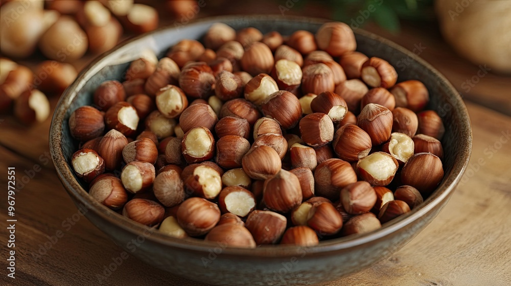 Fresh hazelnuts in a bowl, their natural texture highlighted to represent a nutritious, healthy food option, perfect for promoting balanced nutrition Fresh hazelnuts in a bowl, their natural texture highlighted to represent a nutritious, healthy food option, perfect for promoting balanced nutrition