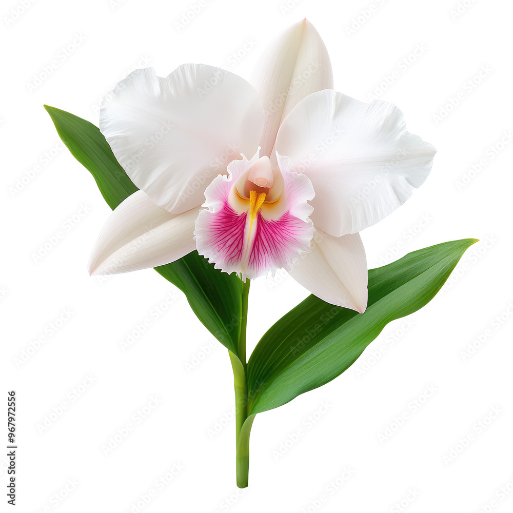 Naklejka premium A beautiful white orchid flower with pink accents and green leaves, perfect for nature and floral-themed projects.