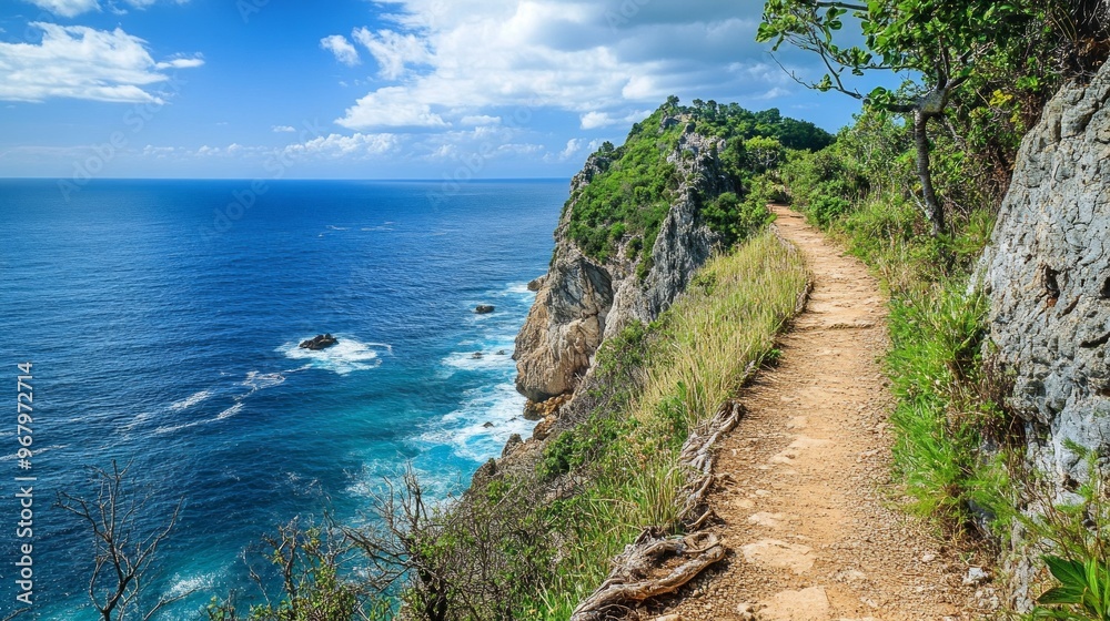 Obraz premium Coastal Cliff Trail, a scenic path winding along rugged cliffs, offering stunning panoramic views of the expansive ocean and dramatic seascapes.