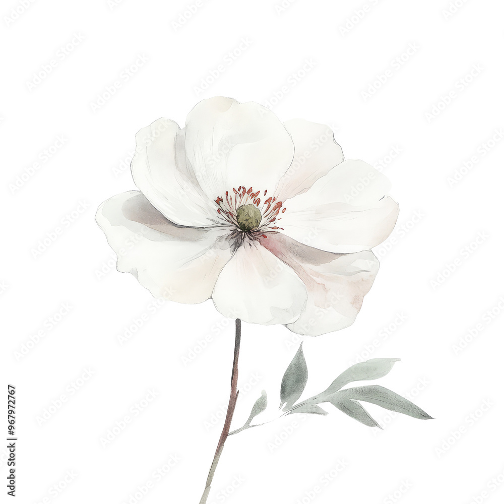 A delicate white flower illustration showcasing soft petals and a serene green leaf, perfect for botanical designs. A delicate white flower illustration showcasing soft petals and a serene green leaf, perfect for botanical designs.