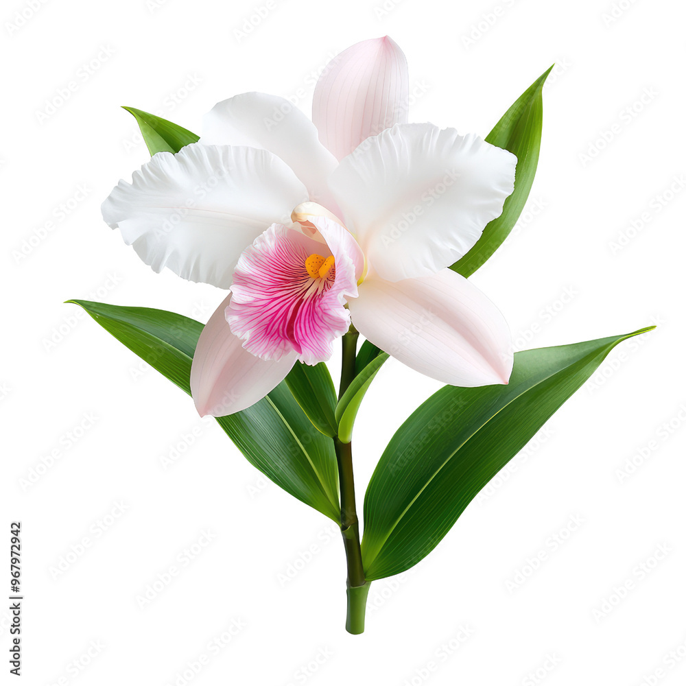 A stunning white and pink orchid flower with green leaves, perfect for decoration or nature-themed designs. A stunning white and pink orchid flower with green leaves, perfect for decoration or nature-themed designs.