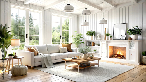 Cozy white living room interior, home mockup, 3d render, white Mock up