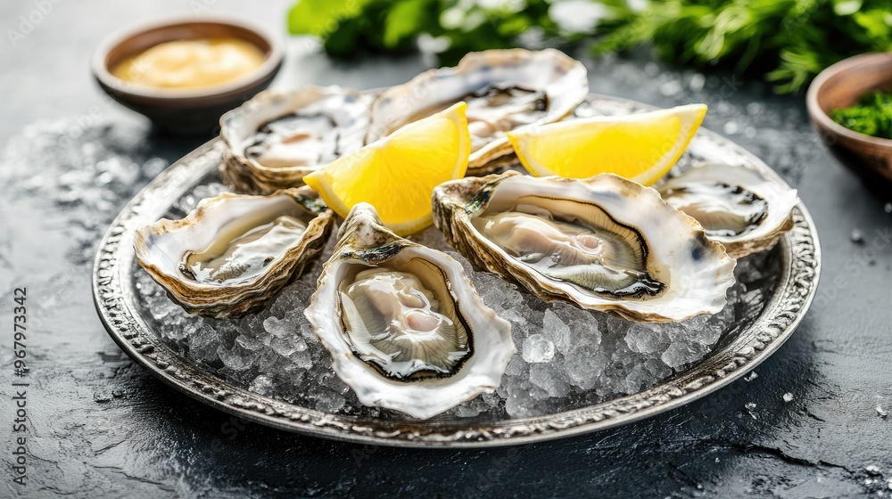 Fresh oysters on ice with vibrant yellow lemon wedges, served on a round silver platter, perfect for a fine dining restaurant setting. Fresh oysters on ice with vibrant yellow lemon wedges, served on a round silver platter, perfect for a fine dining restaurant setting.