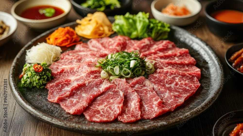 Fresh, raw, marbled beef slices presented on a platter for Sukiyaki or Shabu. Surrounded by a variety of colorful side dishes and dipping sauces. Fresh, raw, marbled beef slices presented on a platter for Sukiyaki or Shabu. Surrounded by a variety of colorful side dishes and dipping sauces.