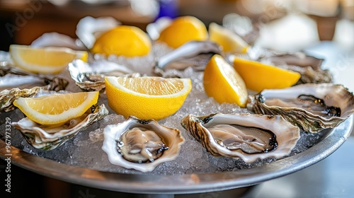 Fresh oysters on ice with vibrant yellow lemon wedges, served on a round silver platter, perfect for a fine dining restaurant setting.