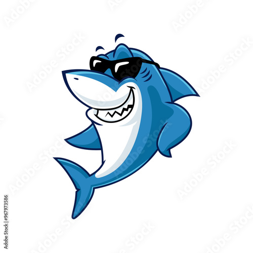 Cool cartoon shark wearing sunglasses, perfect for summer designs, kids apparel, and fun projects. photo