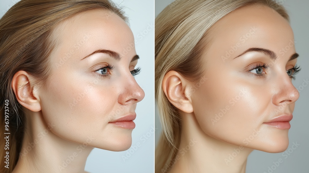 The two images show a woman with a powdery face. The first image has a more natural look, while the second image has a more heavily made up appearance The two images show a woman with a powdery face. The first image has a more natural look, while the second image has a more heavily made up appearance