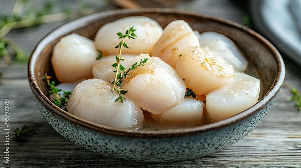 Fresh, raw scallops with thyme sprigs in a bowl on a rustic wooden table, photographed close-up to show their delicate texture and freshness.