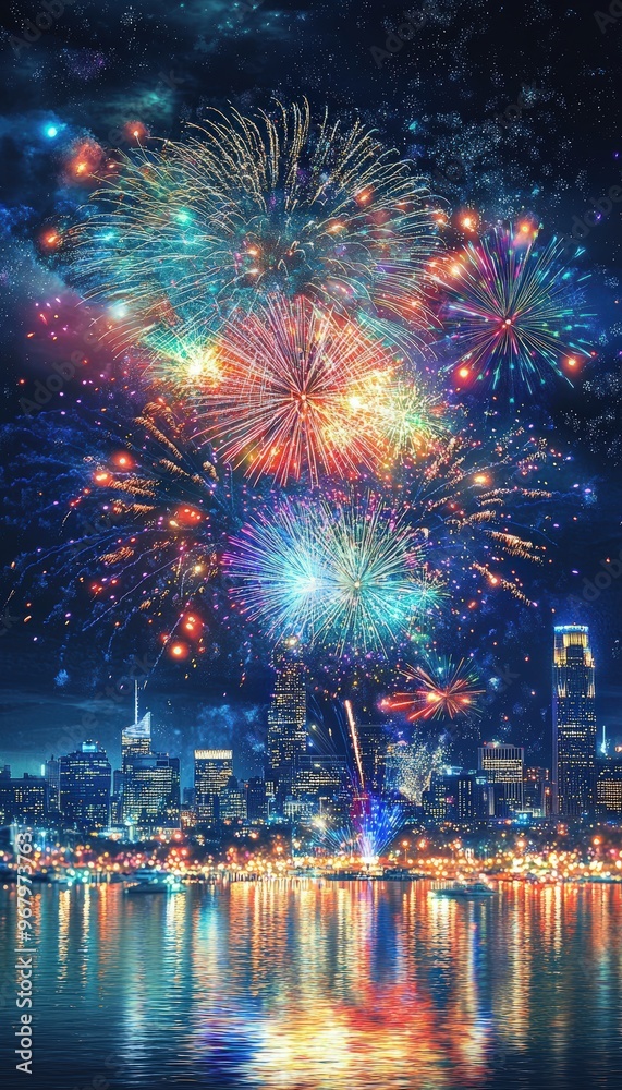 Fototapeta premium Panoramic Fireworks Show Over Cityscape Illuminating Night Sky with Reflections in Water
