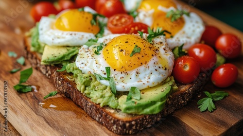 healthy breakfast options, nutritious avocado toast served with poached eggs and cherry tomatoes on a rustic wooden board, perfect for a healthy breakfast