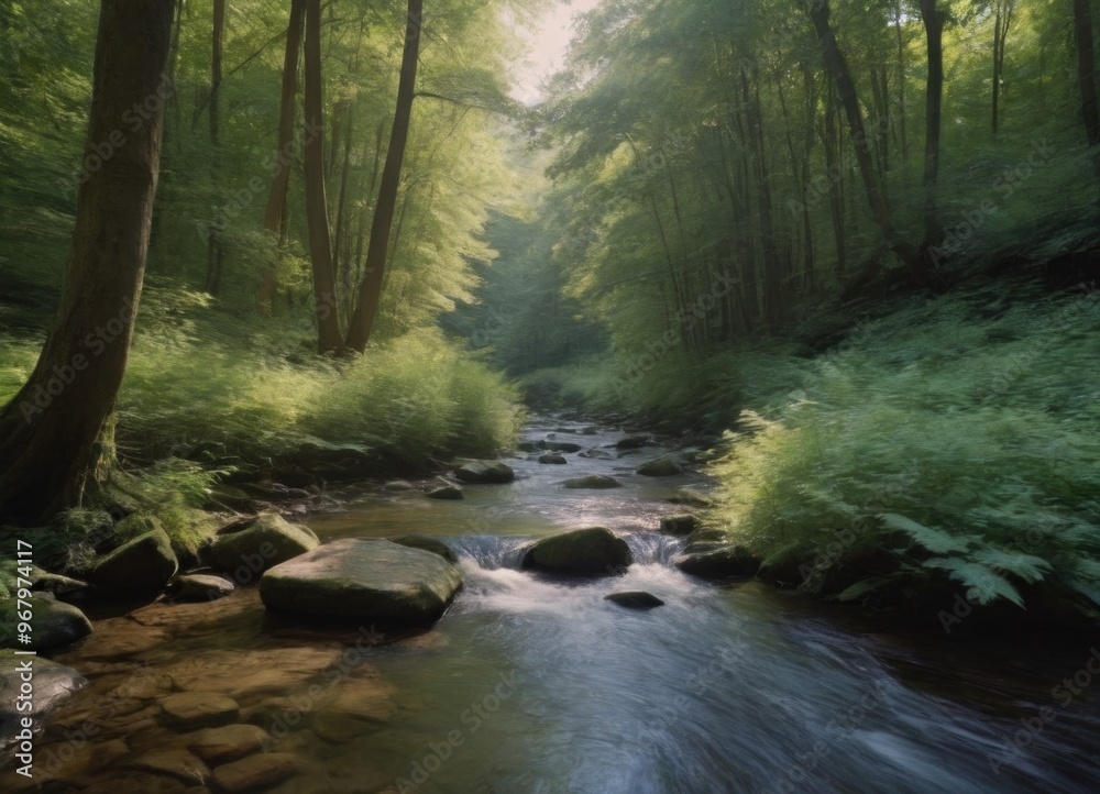 Obraz premium A tranquil stream gently flowing through a lush green forest, creating a peaceful atmosphere