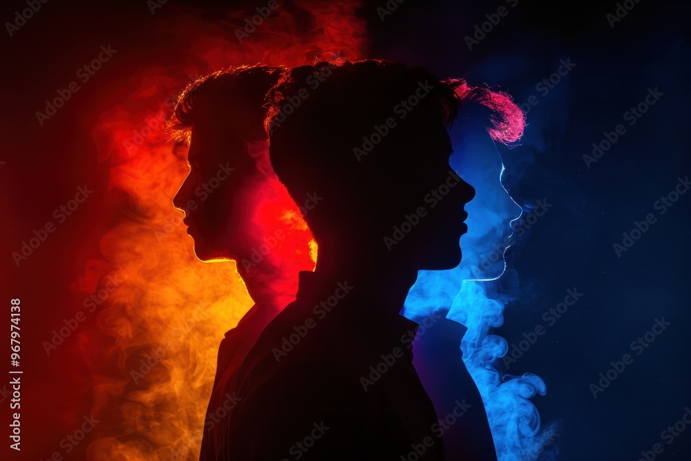 Figures merge into shadows with vibrant colors in a captivating display of contrast Figures merge into shadows with vibrant colors in a captivating display of contrast