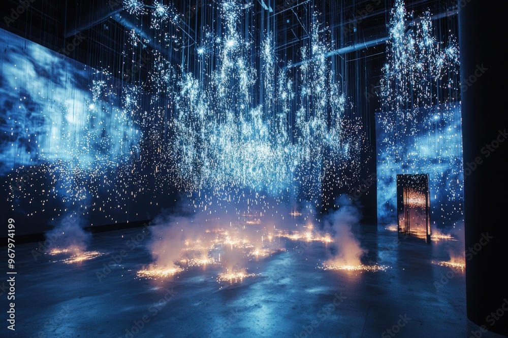 Naklejka premium Spectacular Fireworks Display at Art Exhibition Showcasing Innovation and Creativity in Modern Technology