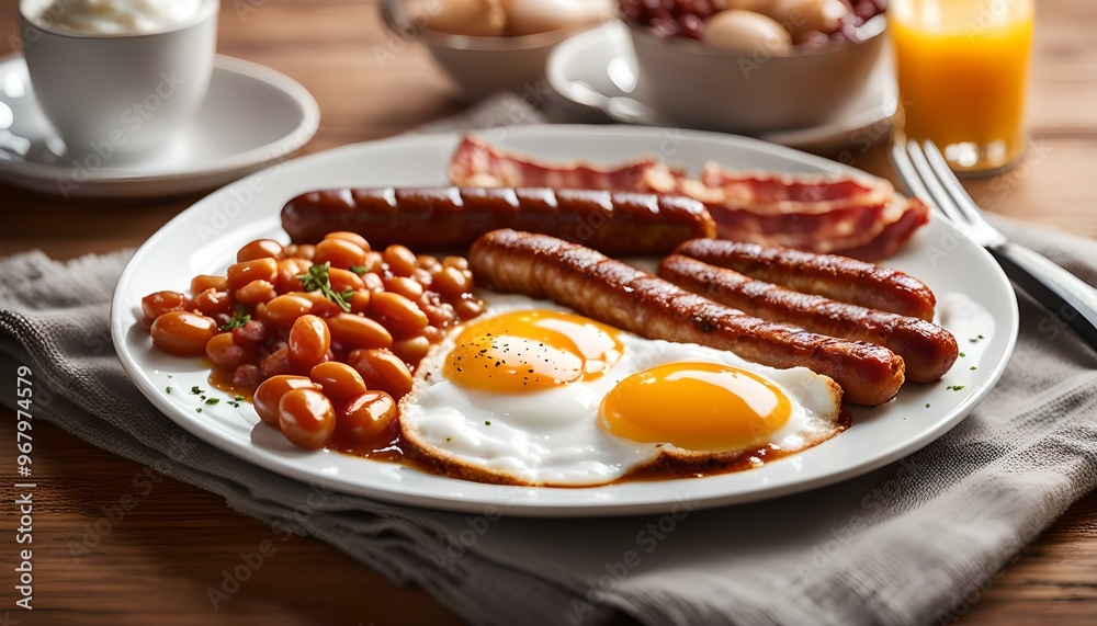 Traditional Full English Breakfast with Eggs, Bacon, Sausage, and Baked Beans
Traditional Full English Breakfast with Eggs, Bacon, Sausage, and Baked Beans