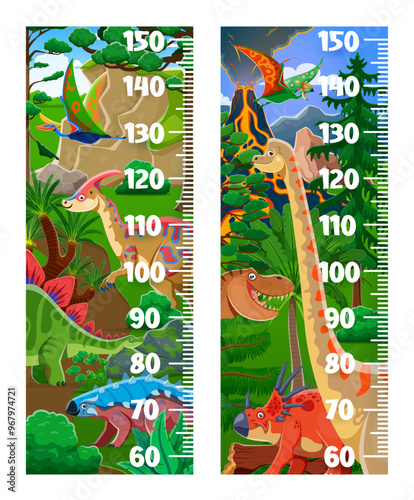 Kids height chart ruler with funny prehistoric dinosaurs. Vector growth meter, wall sticker scale for children height measurement with cartoon funny dino animal characters in tropical jungle forest