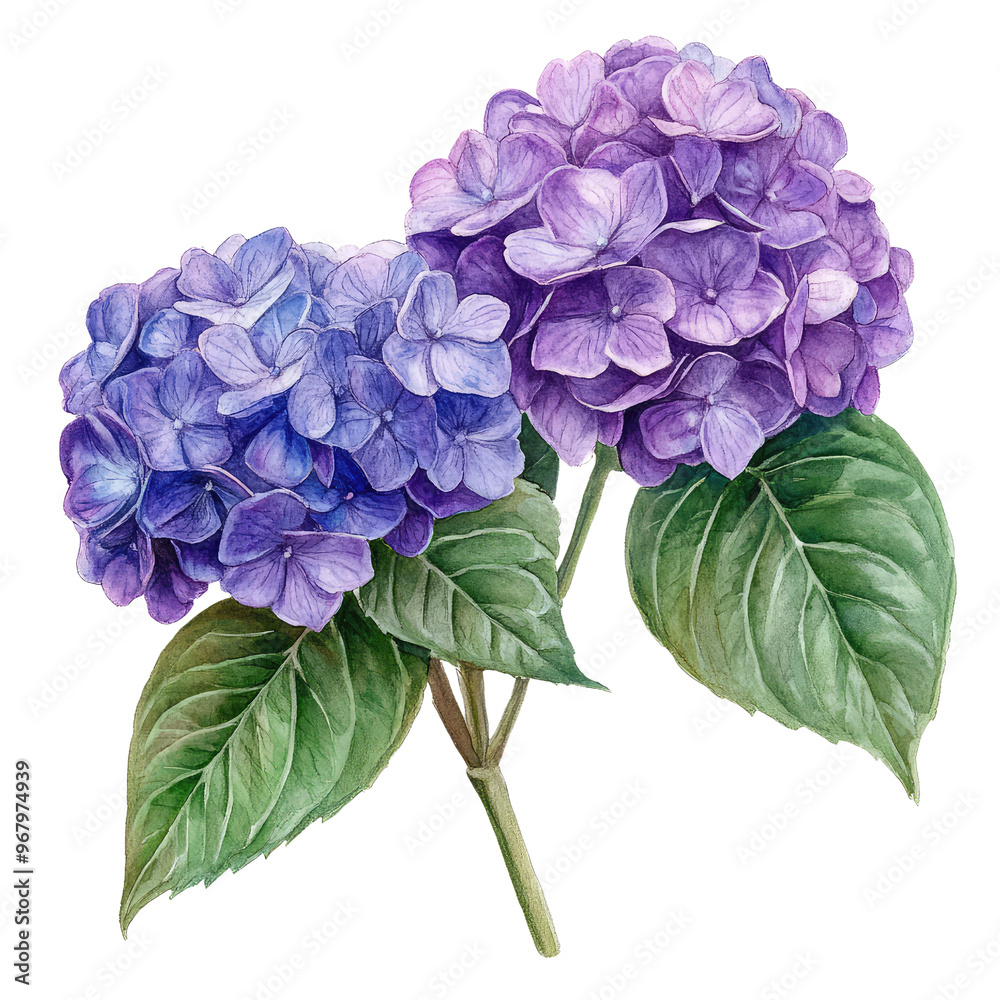 Beautiful hydrangea flowers in shades of blue and purple with vibrant green leaves, perfect for decoration or design. Beautiful hydrangea flowers in shades of blue and purple with vibrant green leaves, perfect for decoration or design.