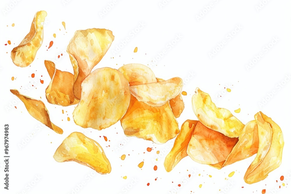 A stack of potato chips on a plate, painted in watercolor style A stack of potato chips on a plate, painted in watercolor style