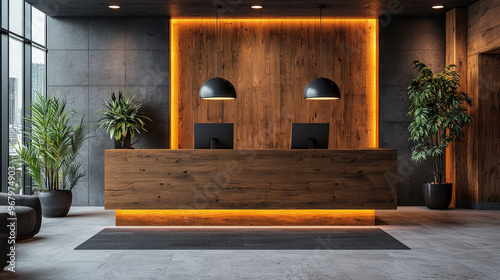 Modern office reception desk with wood paneling and warm lighting.