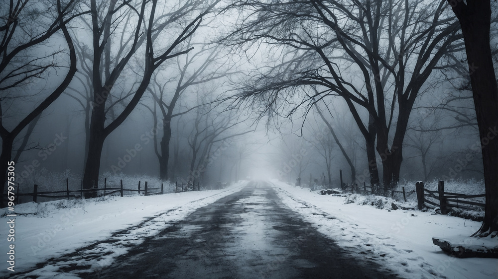Snow-covered road flanked by bare trees at dawn with a mysterious and serene atmosphere, winter landscape. Snow-covered road flanked by bare trees at dawn with a mysterious and serene atmosphere, winter landscape.