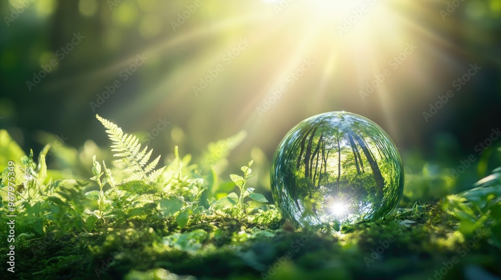 Glass globe reflecting sunlight in a lush green forest, symbolizing environmental conservation and sustainable practices, promoting Earth Day awareness Glass globe reflecting sunlight in a lush green forest, symbolizing environmental conservation and sustainable practices, promoting Earth Day awareness