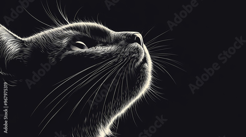 Monochrome cat portrait with dark background. Monochrome. Illustration