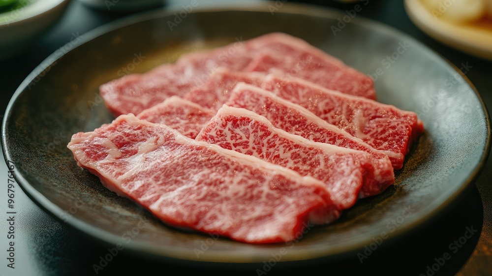 Gourmet Japanese Wagyu beef slices neatly arranged on a plate, ready for BBQ grilling. Ideal for food photography highlighting premium meat quality. Gourmet Japanese Wagyu beef slices neatly arranged on a plate, ready for BBQ grilling. Ideal for food photography highlighting premium meat quality.