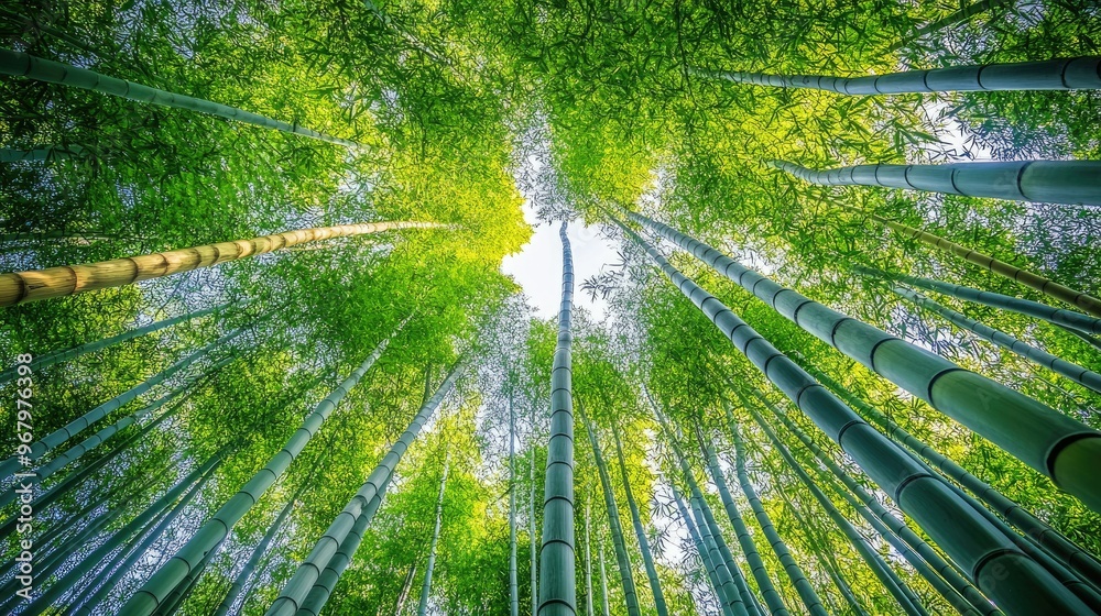 Green bamboo forest shot from below, the stalks reaching up toward the sky, creating a sense of calm and awe at their towering height Green bamboo forest shot from below, the stalks reaching up toward the sky, creating a sense of calm and awe at their towering height