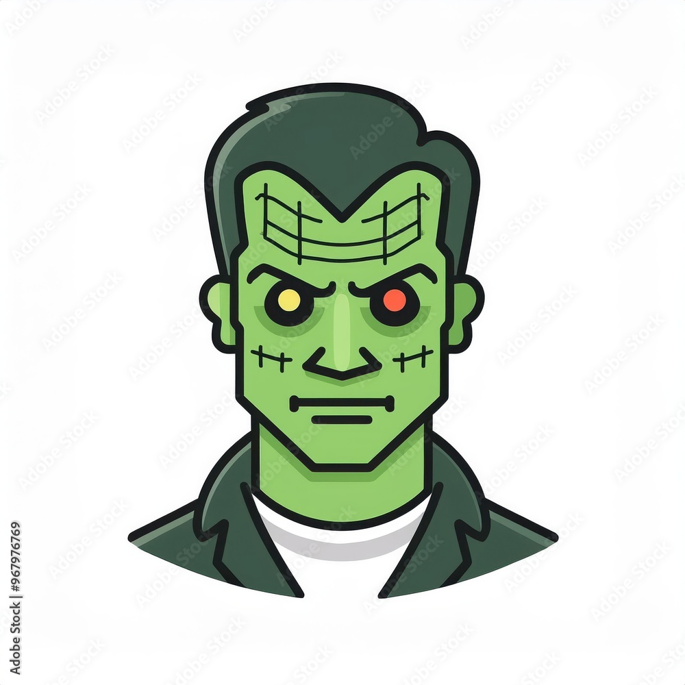 Vector Illustration of Futuristic Frankenstein Cyborg with Green Skin in Minimalist Cartoon Style. Halloween Vector Logo Icon on White Background Vector Illustration of Futuristic Frankenstein Cyborg with Green Skin in Minimalist Cartoon Style. Halloween Vector Logo Icon on White Background